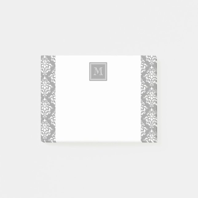 Grått Damask 1 med Monogram Post-it Block (Framsida)