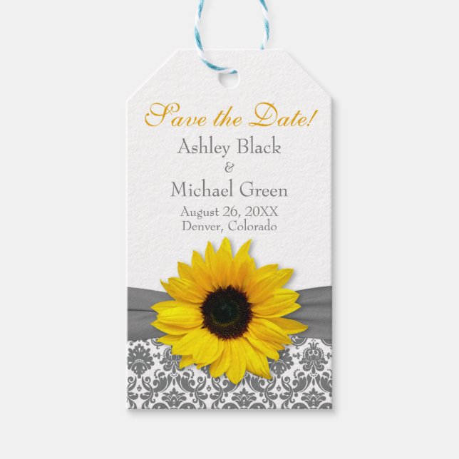 Grått Damask Gult Solros Bröllop spara datum Presentetikett (Framsidan)