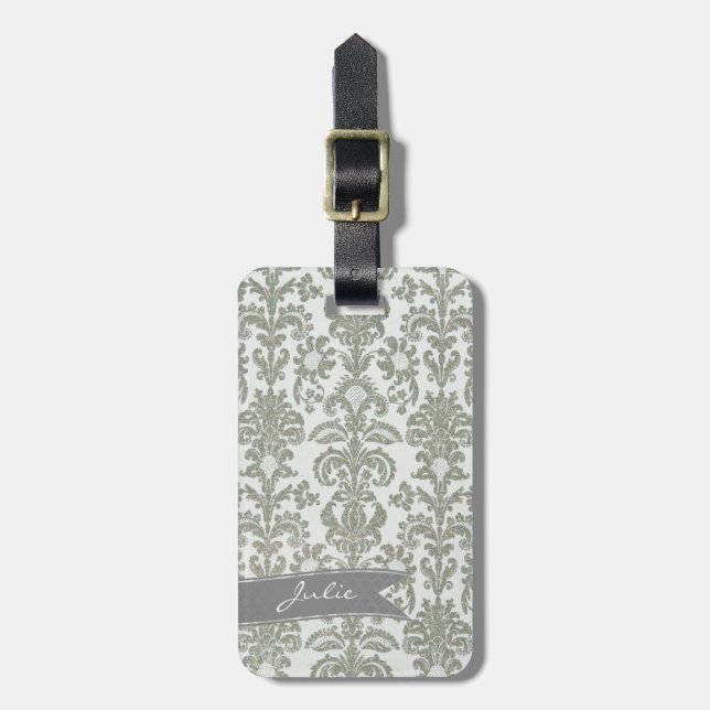 Grått Damask Luggage Tag Bagagebricka (Vertikal Framsida)