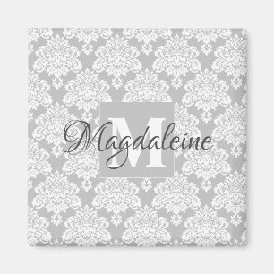 Grått Damask Monogram med Namn Magnet