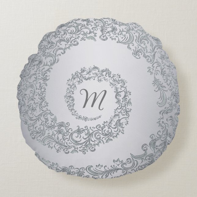 Grått Damask Monogram Rund Kudde (Framsidan)