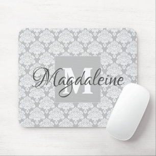 Grått Damask Mouse Pad med Monogram och Namn Musmatta