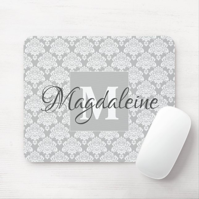 Grått Damask Mouse Pad med Monogram och Namn Musmatta (Med mus)