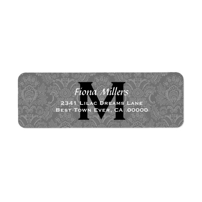 Grått Damask Wedding Monogram-adressetikett V11 Returadress Etikett (Framsidan)