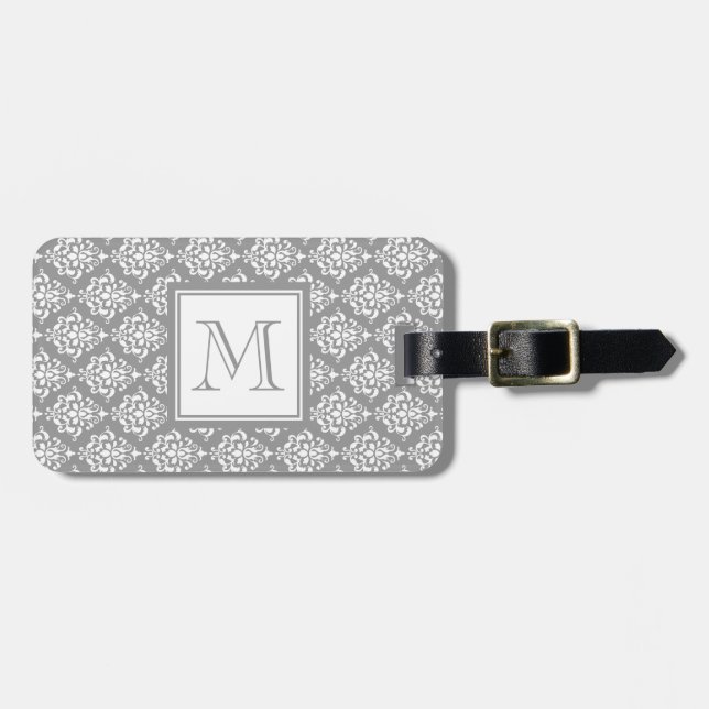 Grått damastast mönster 1 med monogramen bagagebricka (Horisontell Framsida)