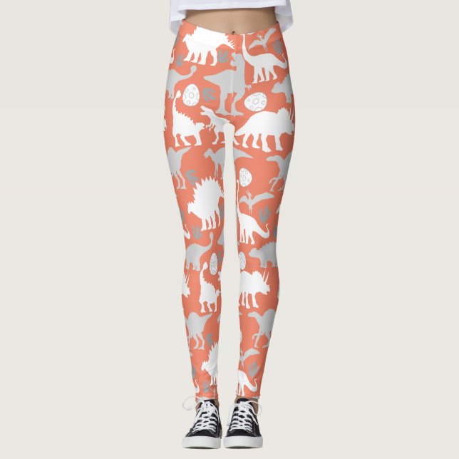 Grått Dino Mönster Orange BG Leggings (Framsida)