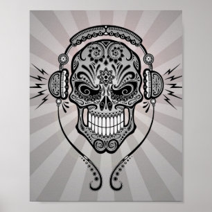Grått DJ Sugar Skull med ljusstråle Poster