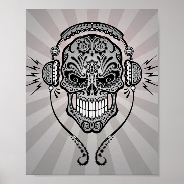 Grått DJ Sugar Skull med ljusstråle Poster (Framsidan)