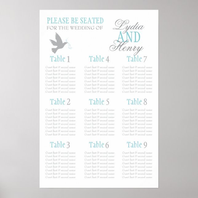 Grått dove aqua blue bröllop-sätet bord plan 1-9 poster (Framsidan)