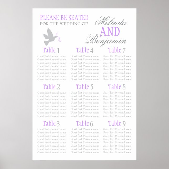 Grått dove lila bröllop säten bord 1-9 poster (Framsidan)