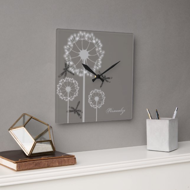 Grått Dragonflies Wall Clock Fyrkantig Klocka (Kontor)