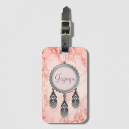 Grått Dreamcatcher på Rosa Marble Personlig Bagagebricka