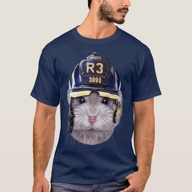 Grått Dwarf Hamster med Firefighter Helmet T Shirt (Framsida)