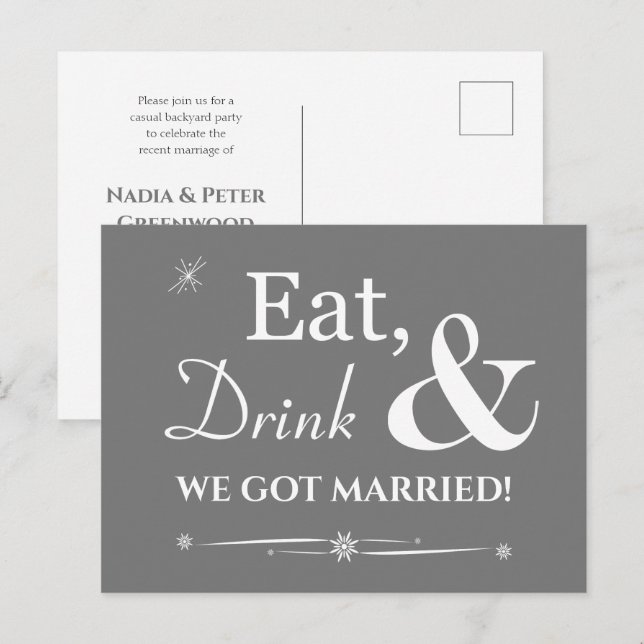 Grått Eat Drink We Har Married Retro Elopement Vykort (Fram/baksida)