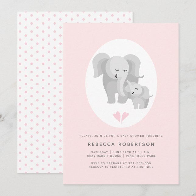 Grått elefant mor och pojke duschens rosa inbjudningar (Fram/baksida)