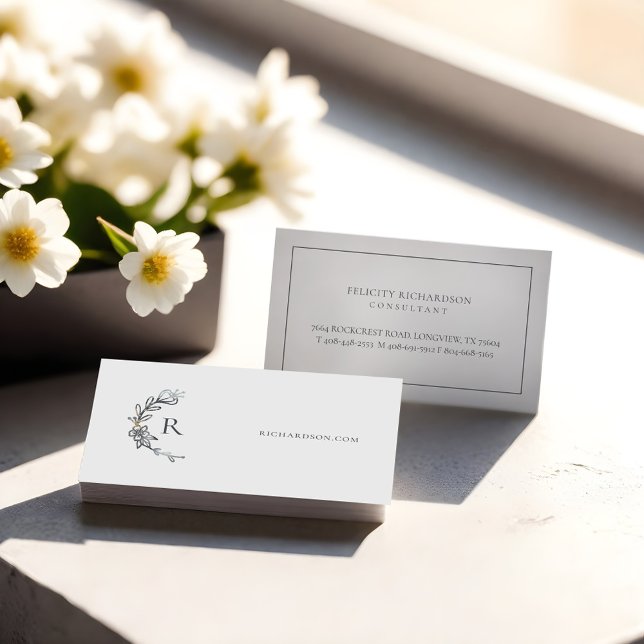 Grått Elegant Blommigt Vattenfärg Botanisk Vapensk Visitkort (Grey Elegant Floral Watercolor Botanical Crest Business Card)