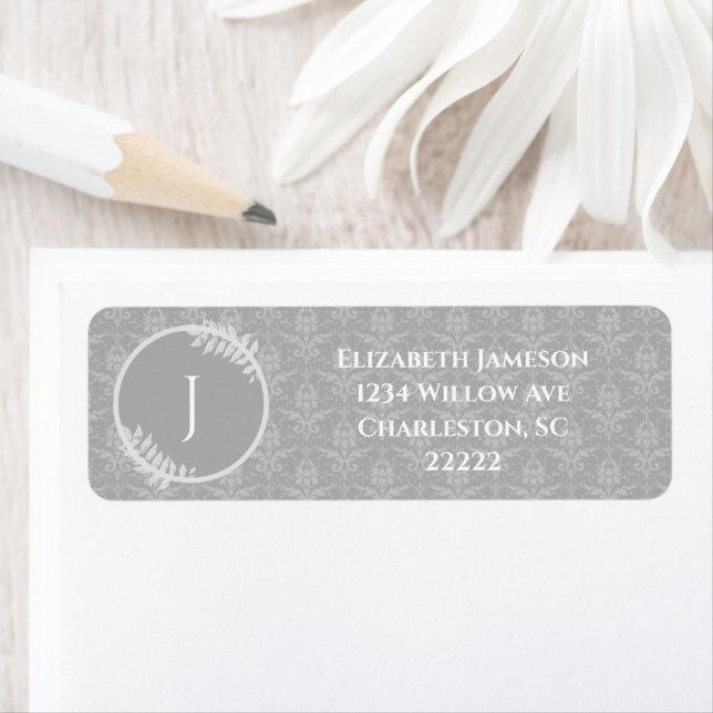 Grått Elegant Damask-etikett Returadress Etikett (Insitu)