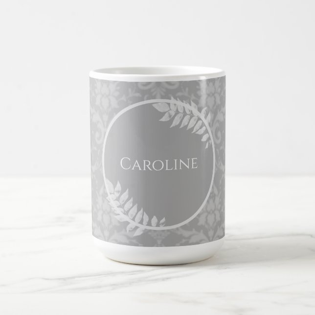 Grått Elegant Damask Personlig Coffee Mugg (Center)