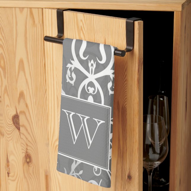 Grått Elegant Flourish Monogram Towel Kökshandduk (Thirds Fold)