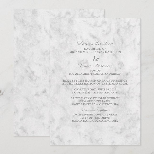 Grått Elegant Marble bröllopsinbjudan Inbjudningar (Fram/baksida)