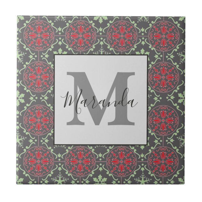 Grått Elegant Nordic Snowflake Winter Monogram Kakelplatta (Framsidan)