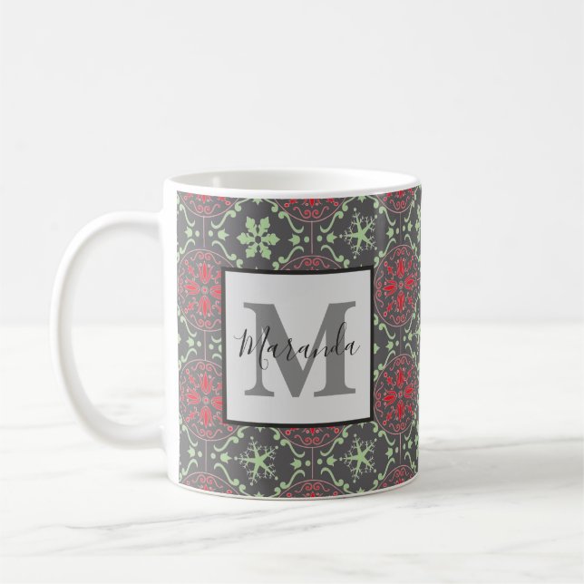 Grått Elegant Nordic Winter Snowflake Monogram Kaffemugg (Vänster)