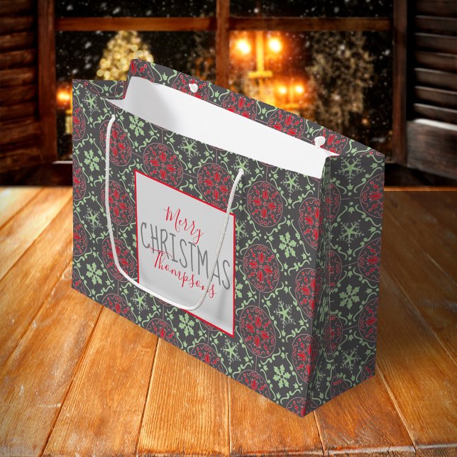 Grått Elegant Nordic Winter Snowflake Trendig (Merry Christmas holiday red and green snowflake pattern large gift bag)