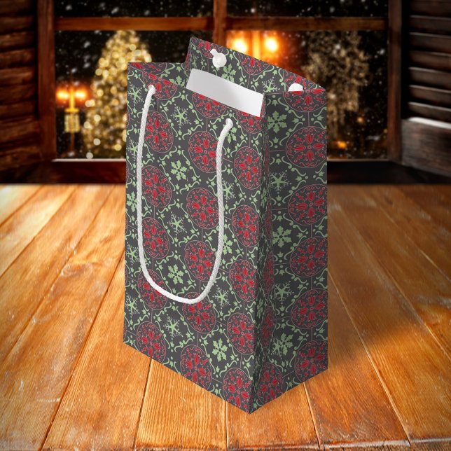 Grått Elegant Nordisk vinter Trendig Snöflake (Red and green snowflake pattern with grey gift bag, )