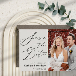 Grått Elegant Script Modern Photo Simple Bröllop Spara Datumet