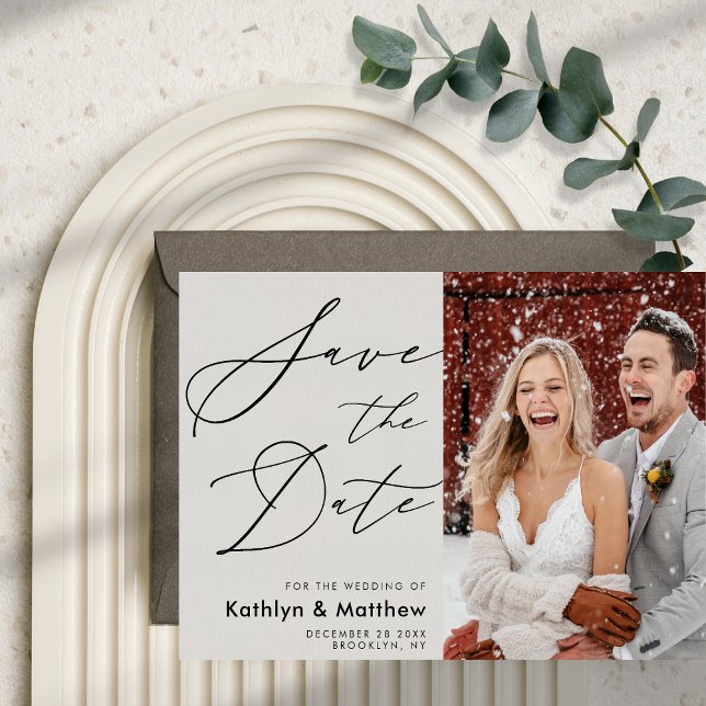 Grått Elegant Script Modern Photo Simple Bröllop Spara Datumet (Skapare uppladdad)