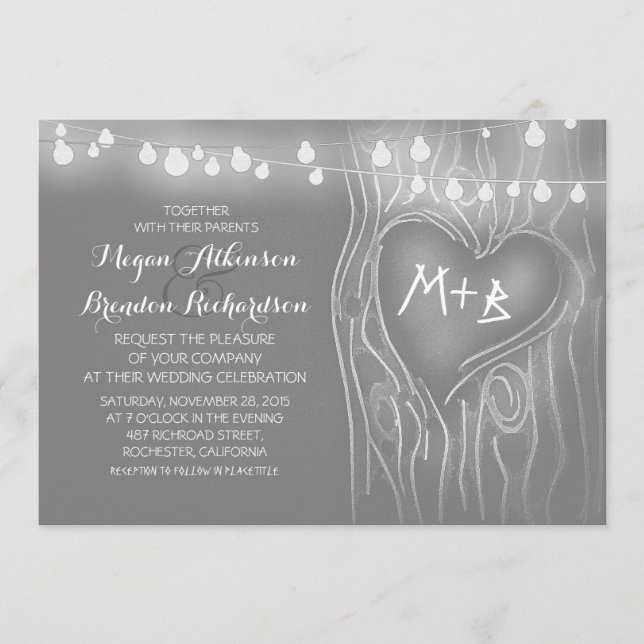 Grått elegant-strängen ljus träd romantisk bröllop inbjudningar (Framsida)