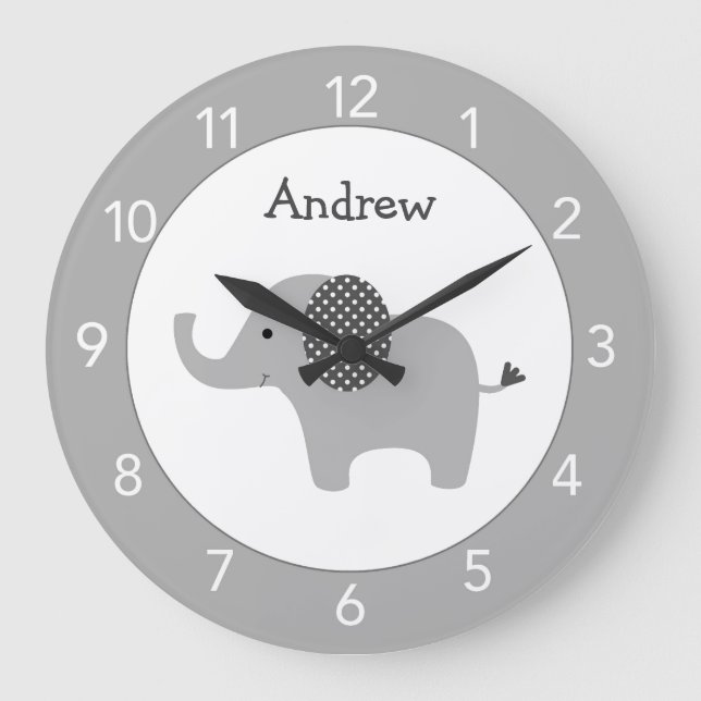 Grått Elephant Anpassningsbar Nursery Round Clock Stor Klocka (Framsida)