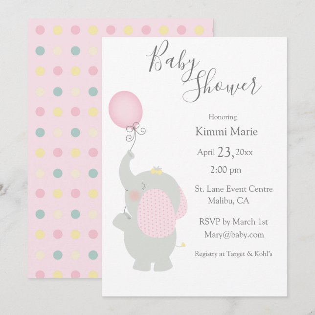 Grått Elephant Ballon Minimalistic Baby Shower Inbjudningar (Fram/baksida)