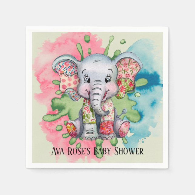 Grått Elephant Sewn Blommigt Patchwork Baby Shower Pappersservett (Framsidan)