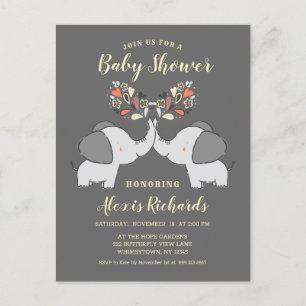 Grått Elephants Gender Neutral Cute Baby Shower Inbjudan Vykort