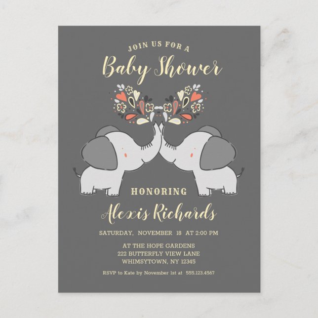 Grått Elephants Gender Neutral Cute Baby Shower Inbjudan Vykort (Framsida)