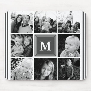 Grått familjefotokollage med monogram musmatta