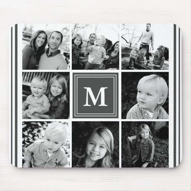 Grått familjefotokollage med monogram musmatta (Framsidan)