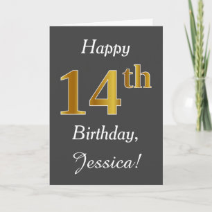 Grått, Faux Guld 14th Birthday + Custom Name Kort