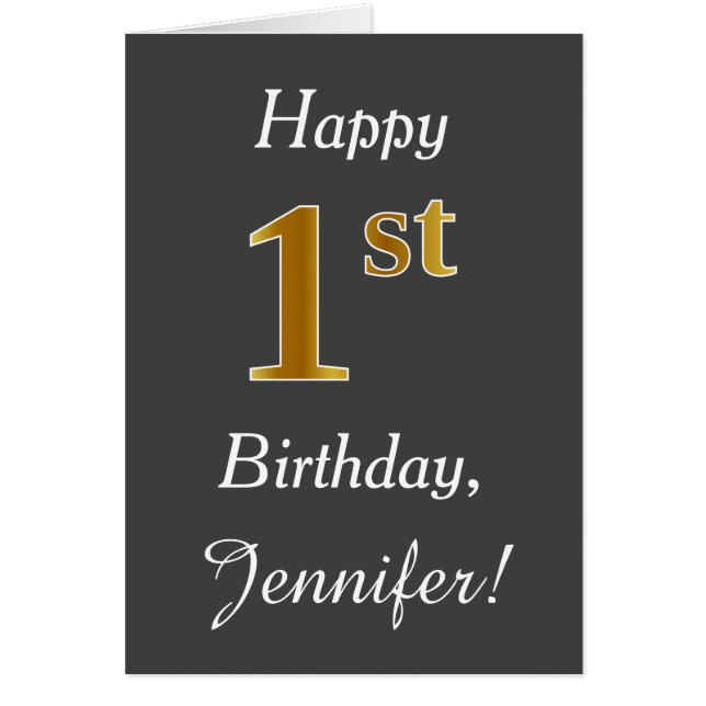 Grått, faux Guld 1:a födelsedag + eget namn Hälsningskort (Framsidan)