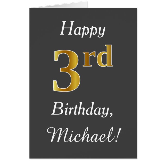 Grått, Faux Guld 3:e födelsedagen + eget namn Hälsningskort (Framsidan)