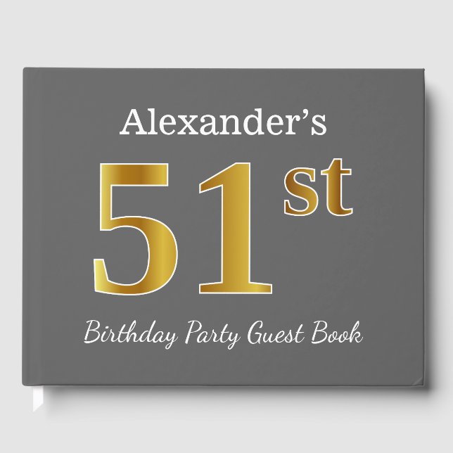 Grått, Faux Guld 51:a Födelsedagsfesten + anpassat Gästböcker (Framsida)