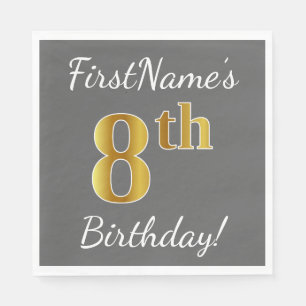 Grått, Faux Guld 8th Birthday + Custom Name Pappersservett