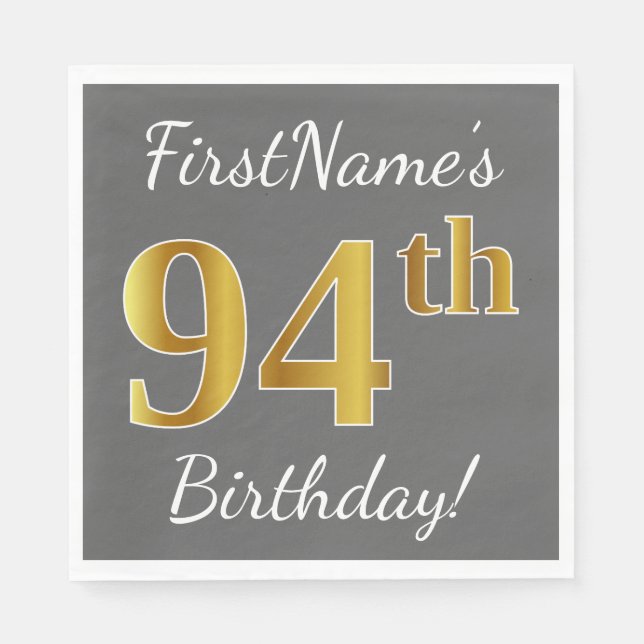 Grått, faux Guld 94:e födelsedagen + eget namn Pappersservett (Framsidan)