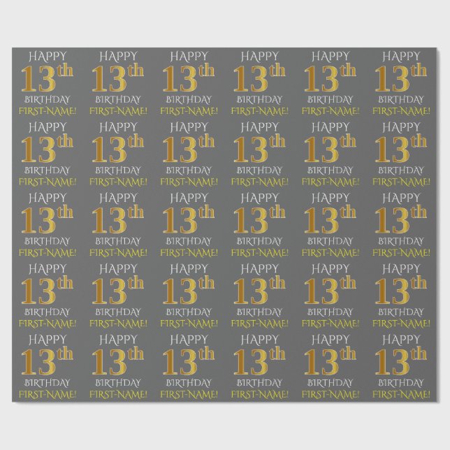 Grått, Faux Guld (LYCKLIG 13:e BIRTHDAY) Presentpapper (Platt)