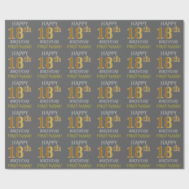 Grått, Faux Guld (LYCKLIG 18:e BIRTHDAY) Presentpapper (Platt)