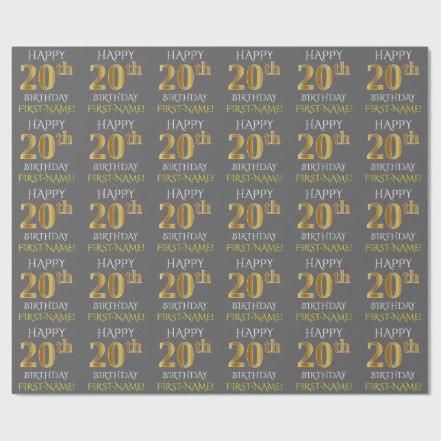 Grått, Faux Guld "LYCKLIG 20:e BIRTHDAY" Presentpapper (Platt)