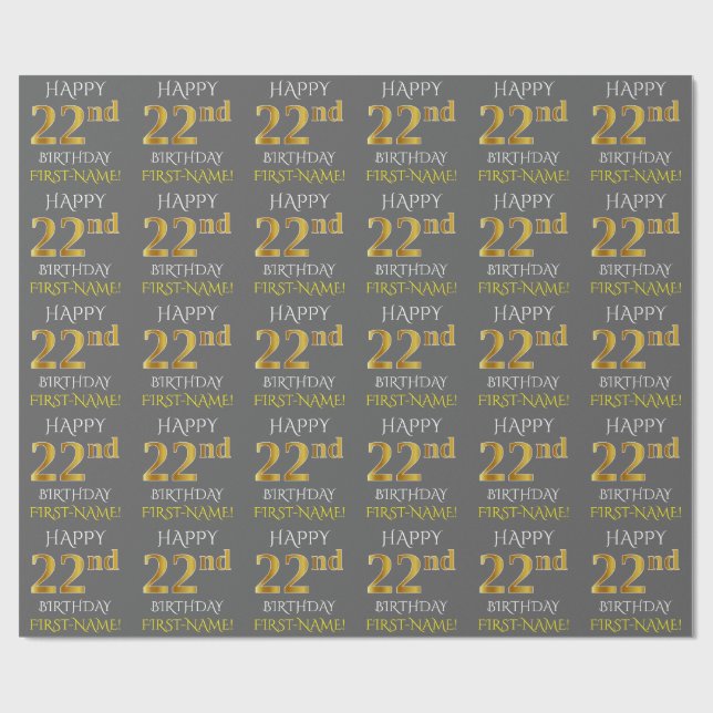 Grått, Faux Guld (LYCKLIG 22:a BIRTHDAY) Presentpapper (Platt)