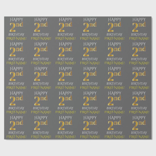 Grått, Faux Guld (LYCKLIG 2:a BIRTHDAY) Presentpapper (Platt)