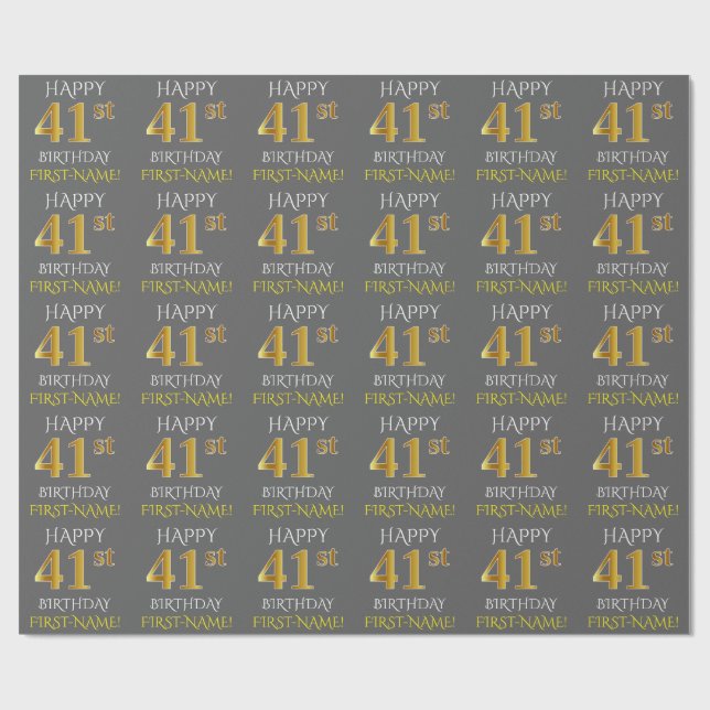 Grått, Faux Guld (LYCKLIG 41:a BIRTHDAY) Presentpapper (Platt)